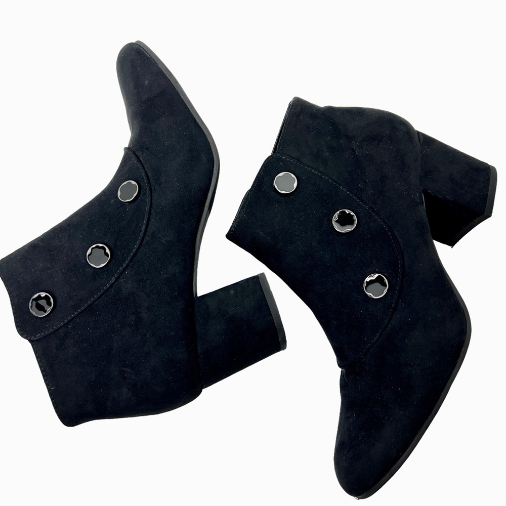 Lauren Blakwell Black Suede Heeled Booties Silver Buttons sz 8